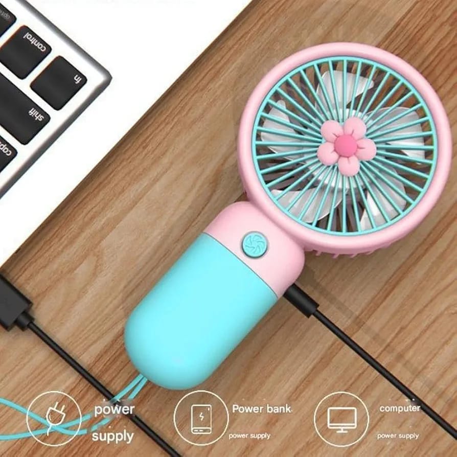Mini Portable Rechargeable Handheld Personal Small Desk Fan with Base Cute Design Fan For Travel/Office/Desktop Kids Girls indoor Outdoor use (colors may be change)